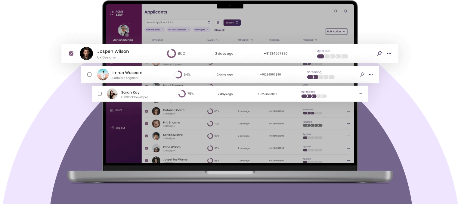 AcmeLeap applicant dashboard showing job candidates and application status