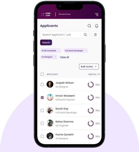 Mobile view of applicant tracking system showing match percentages