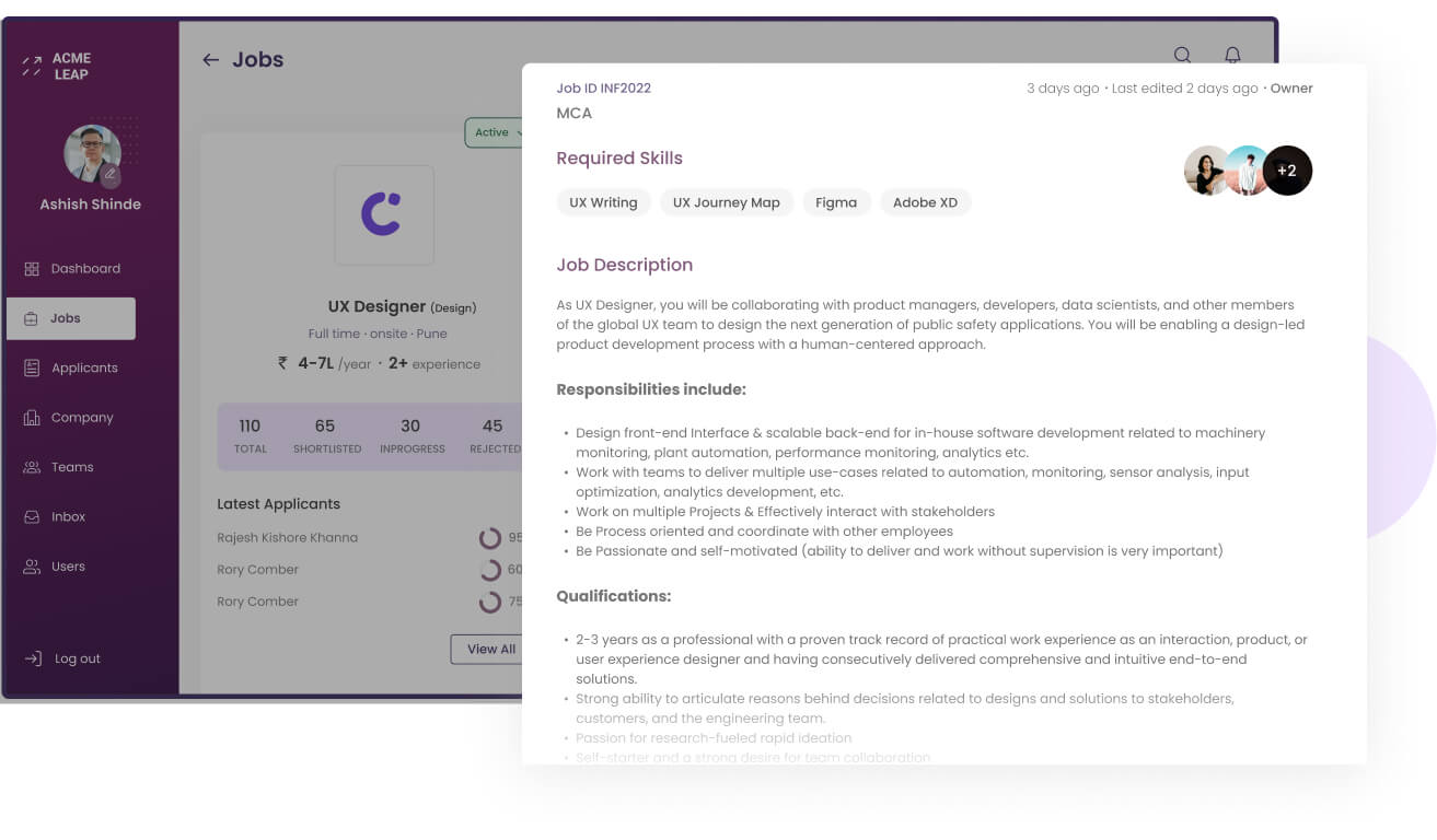 UX Designer job details with skills, description, and applicant info