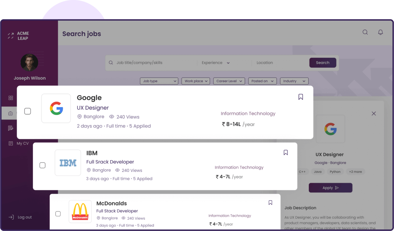 Job search screen showing listings from Google, IBM, and McDonald's on AcmeLeap